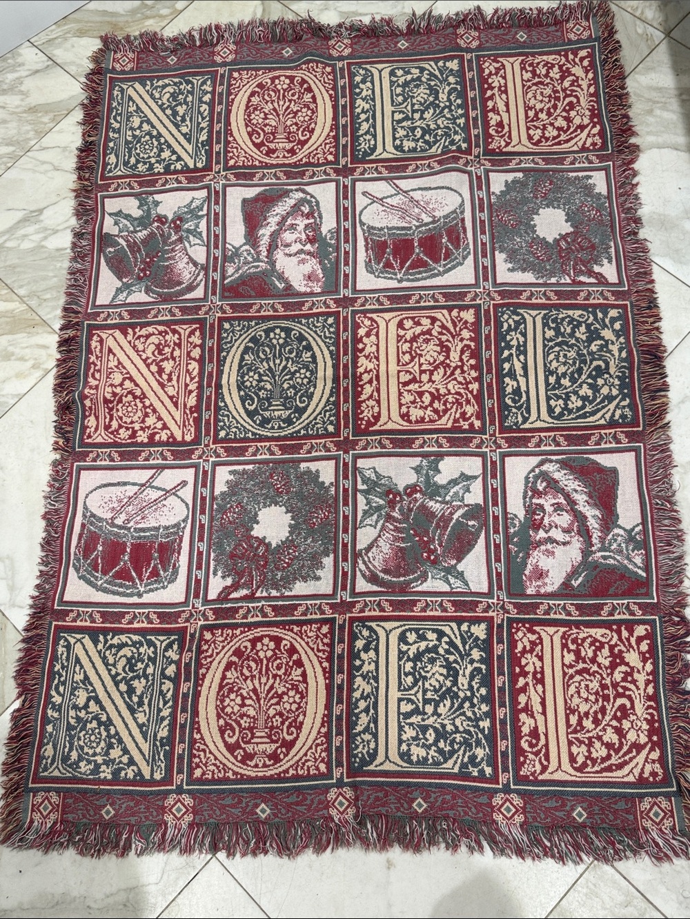 Festive Noel Santa Woven Throw Blanket - Red, Cream & Dark Green Goodwin Weavers